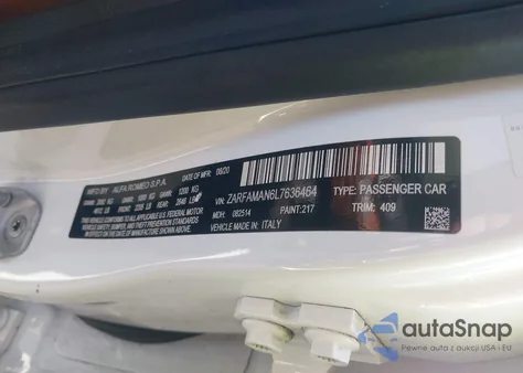 2020 Alfa Romeo Giulia Rwd из США, поврежденный, VIN ZARFAMAN6L7636464